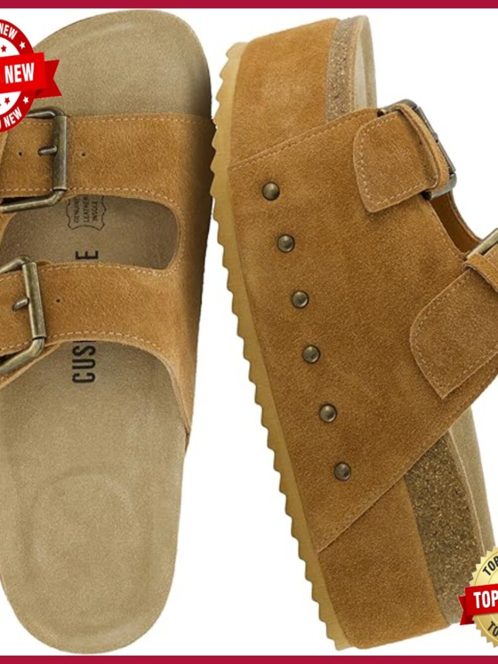 Platform Sandals Genuine Leather Footbed Studded Chunky Slide Summer